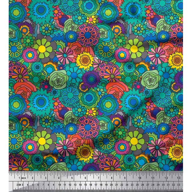 Soimoi Poly Georgette Fabric Colorful Flowers Clip Art Fabric Prints by Yard 42 Inch Wide