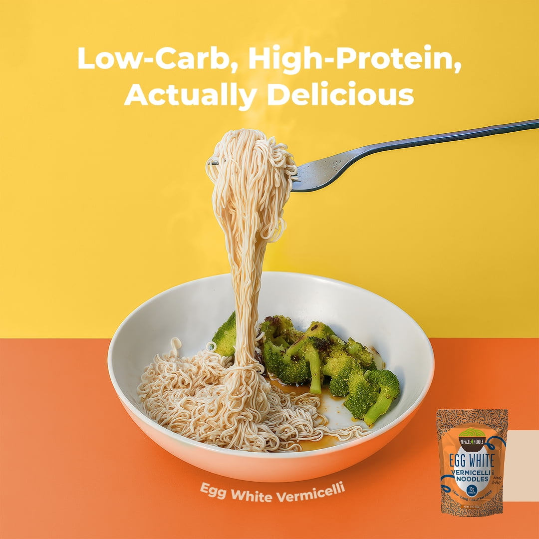 (6 pack) Miracle Noodle Egg White Angel Hair Vermicelli Pasta, 3.5 Oz, Ready to Eat Egg White Noodles, 10g Protein, 45 Calories, 1g Net Carbs Per Serving, High Protein, Keto, Gluten-Free