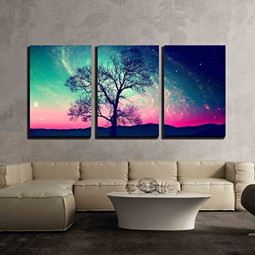 wall26 3 Piece Canvas Wall Art - Red Alien Landscape with Alone Tree over the Night Sky with Many Star - Modern Home Decor Stretched and Framed Ready to Hang - 16"x24"x3 Panels