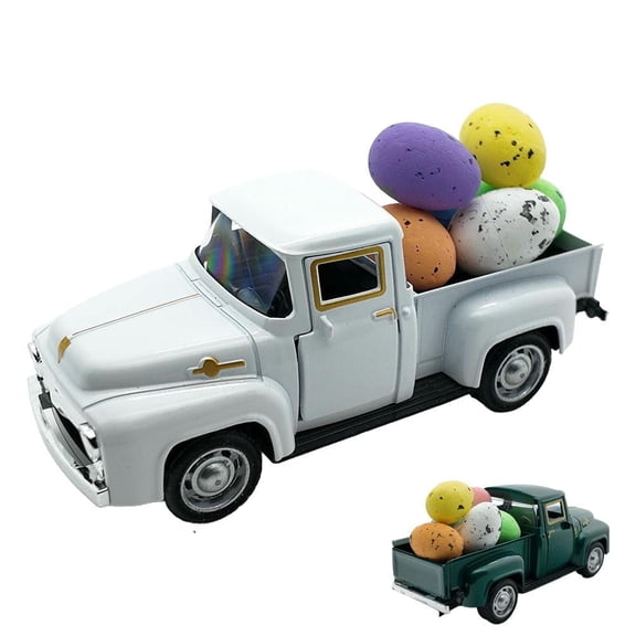 Mini Vintage Easter Truck Decor with 5 Colorful Eggs, Die-Cast Farmhouse Metal Pickup for Tiered Trays and Spring Centerpieces, White