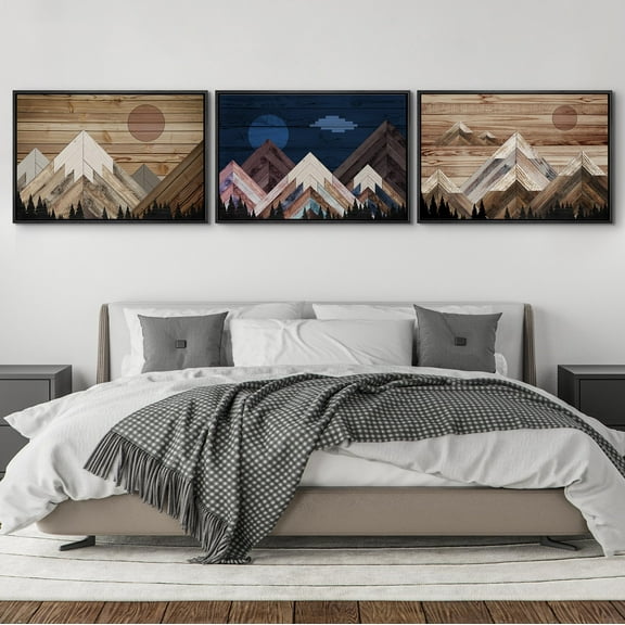 IDEA4WALL Framed Canvas Print Wall Art Set of 3 Western Sun Shines Over Snowy Mountain Forest Pattern Wall Decor Geometric Landscape Retro Prints Nature Minimal Artwork - 16"x24"x3 Black