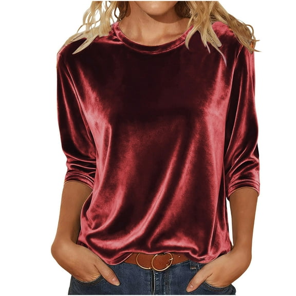 BLVB Womens Velvet Tops Crewneck 3/4 Sleeve Fall Winter Trendy Dressy Blouses Casual Loose Party Holiday Tunic Shirts