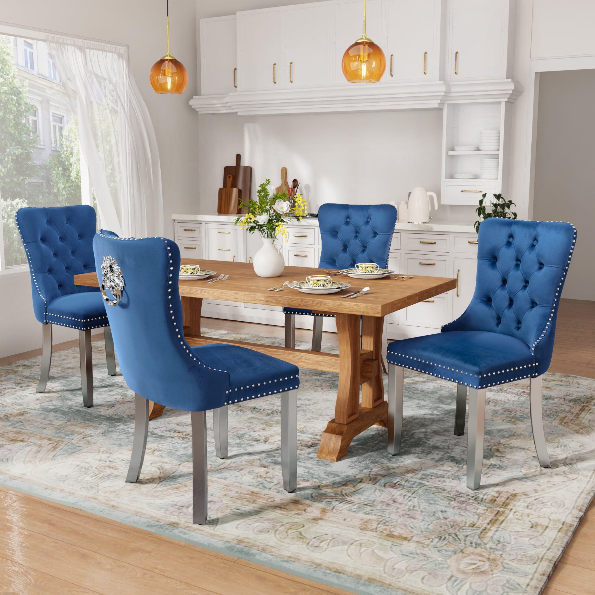 DONICK Velvet Upholstered Dining Chairs,Kitchen & Dining Room Chairs,Nailheads Tufted,Soft,Solid Wood Frame(Blue Silver,Set of 6)