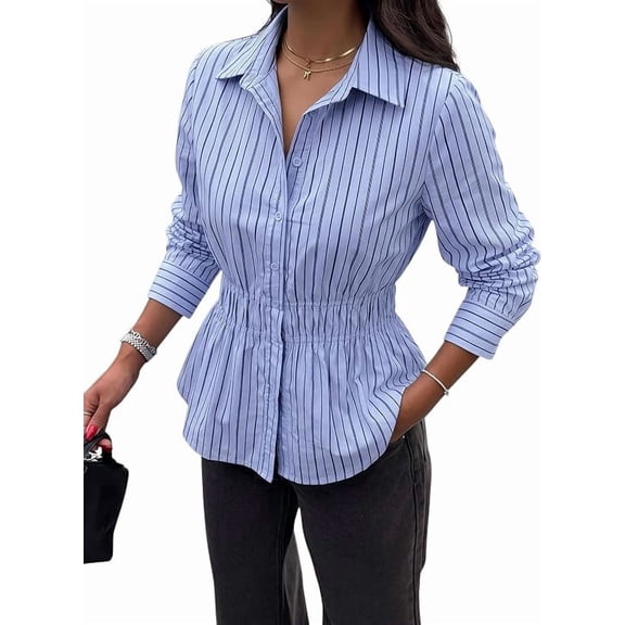 PRETTYGARDEN Women's Peplum Button Down Work Shirts Cotton Long Sleeve, Collared Business Casual Tops, Elastic Waist, Fall Blouses Dressy, Teacher Clothes for Office, Going Out