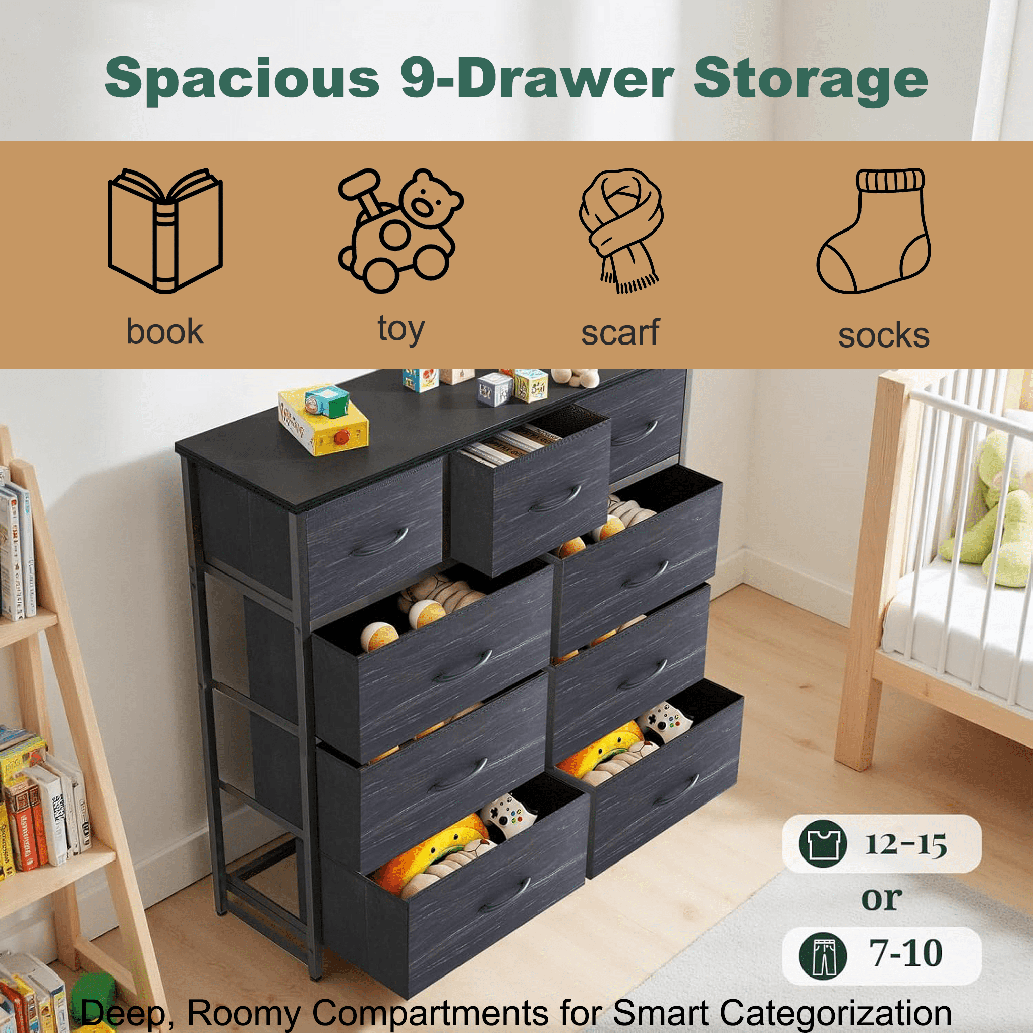 Aidoly 9-Drawer Wide Fabric Storage Dresser with Wooden Top - Space-Saving Bedroom & Closet Organizer, Charcoal Black