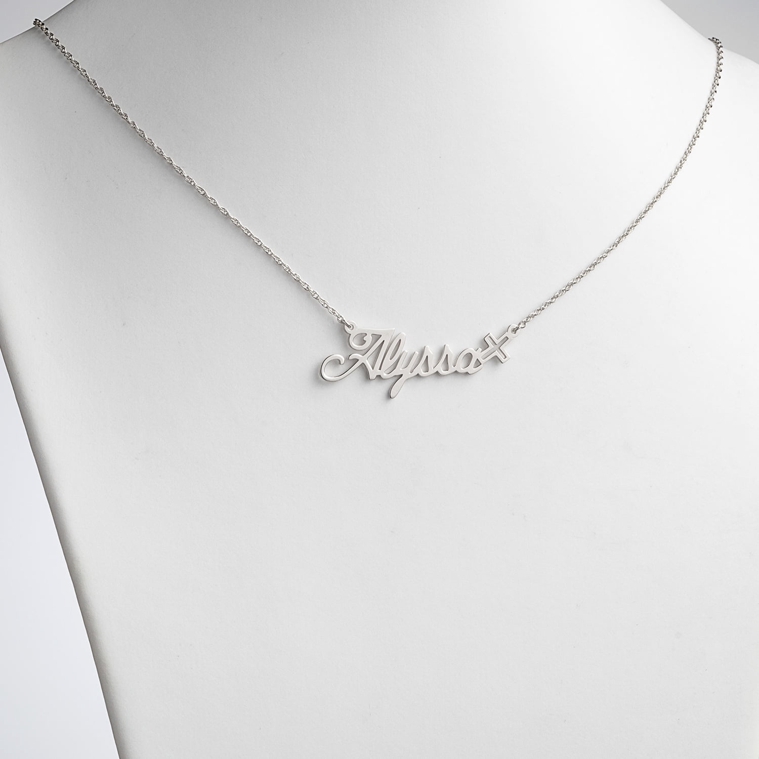 Personalized Planet Women's Sterling Silver or Gold over Silver Script Nameplate with Cross Necklace