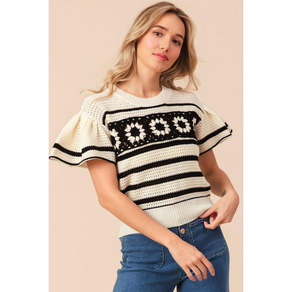 BiBi Granny Square Short Sleeve Striped Sweater