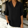 thumbnail image 5 of Women's Summer Shirts Casual Loose V-Neck Fixed Roll Cuff Short Sleeve Solid Color Blouses Lightweight cotton Linen Curved Hem Short Tops for Office Daily Wear, 5 of 7