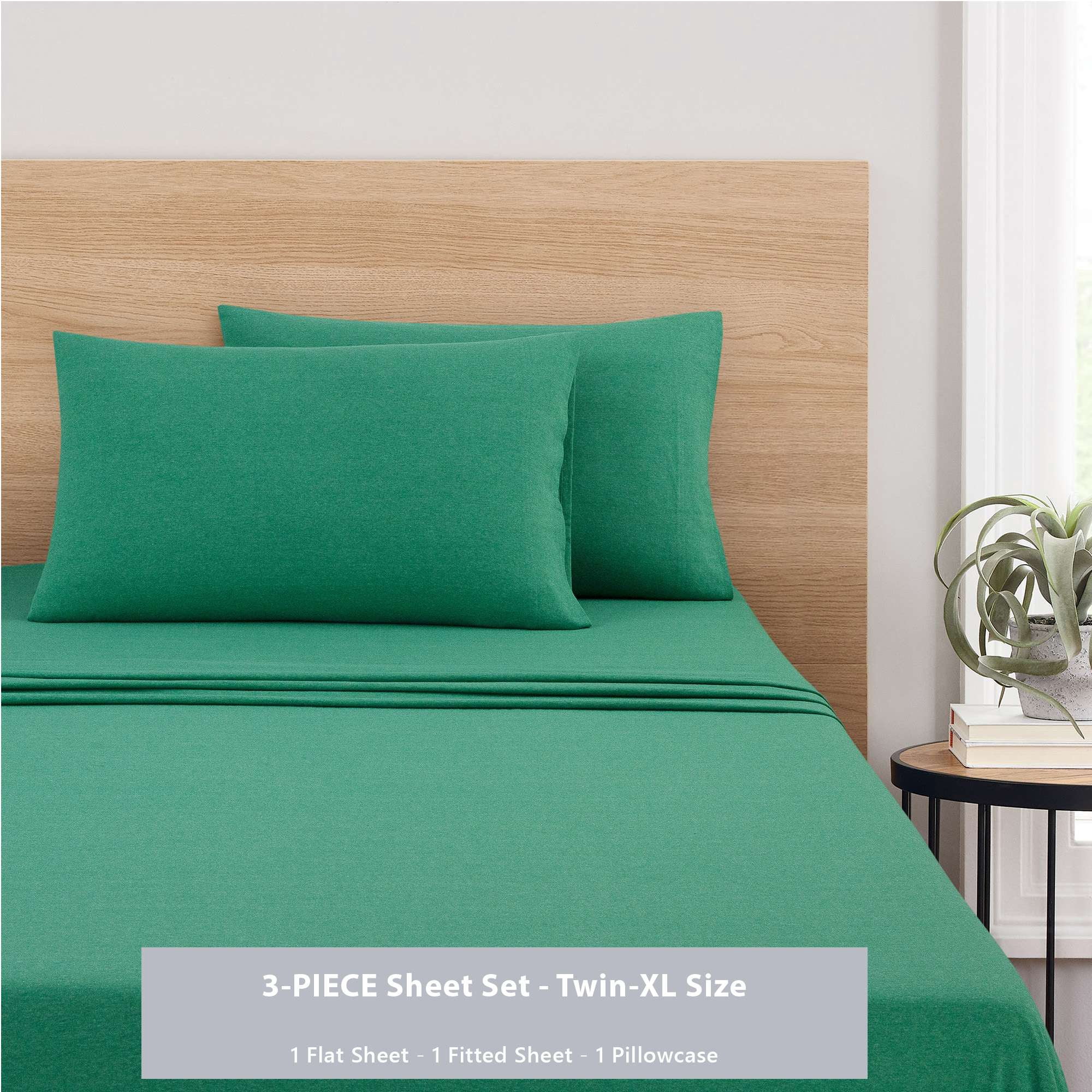 Mainstays Cotton Rich Extra Soft Jersey Bed Sheet Set, Twin-XL, Green Lily, 3 Pieces