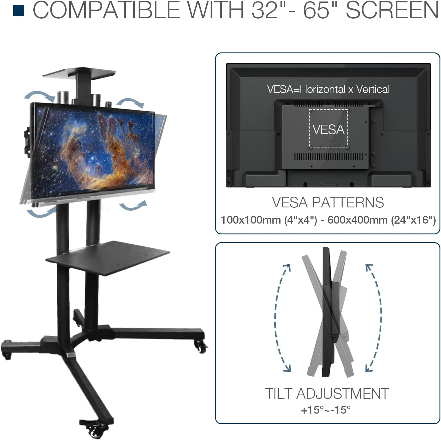 DAWOT Mobile TV Stand on Wheels for 32-65 Inch LCD LED Flat Panel Curved Screen TV  TV Cart with Height Adjustable Laptop Shelf and Top Tray Movable Portable Rolling Floor TV Stand