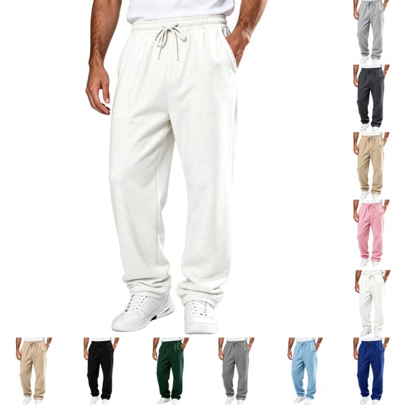 UDAUDU Mens Baggy Sweatpants Casual Straight Wide Leg Sweat Pants Drawstring Athletic Workout Gym Jogger with Pockets White 2XL