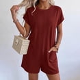 thumbnail image 7 of Women's Romper Short Sleeve Jumpsuit with Pockets Solid Wide Leg Shorts Playsuits Ladies Summer Loose Lightweight Plain Daily Wear for Swim Beach Party Jumpsuits Wine XL, 7 of 7