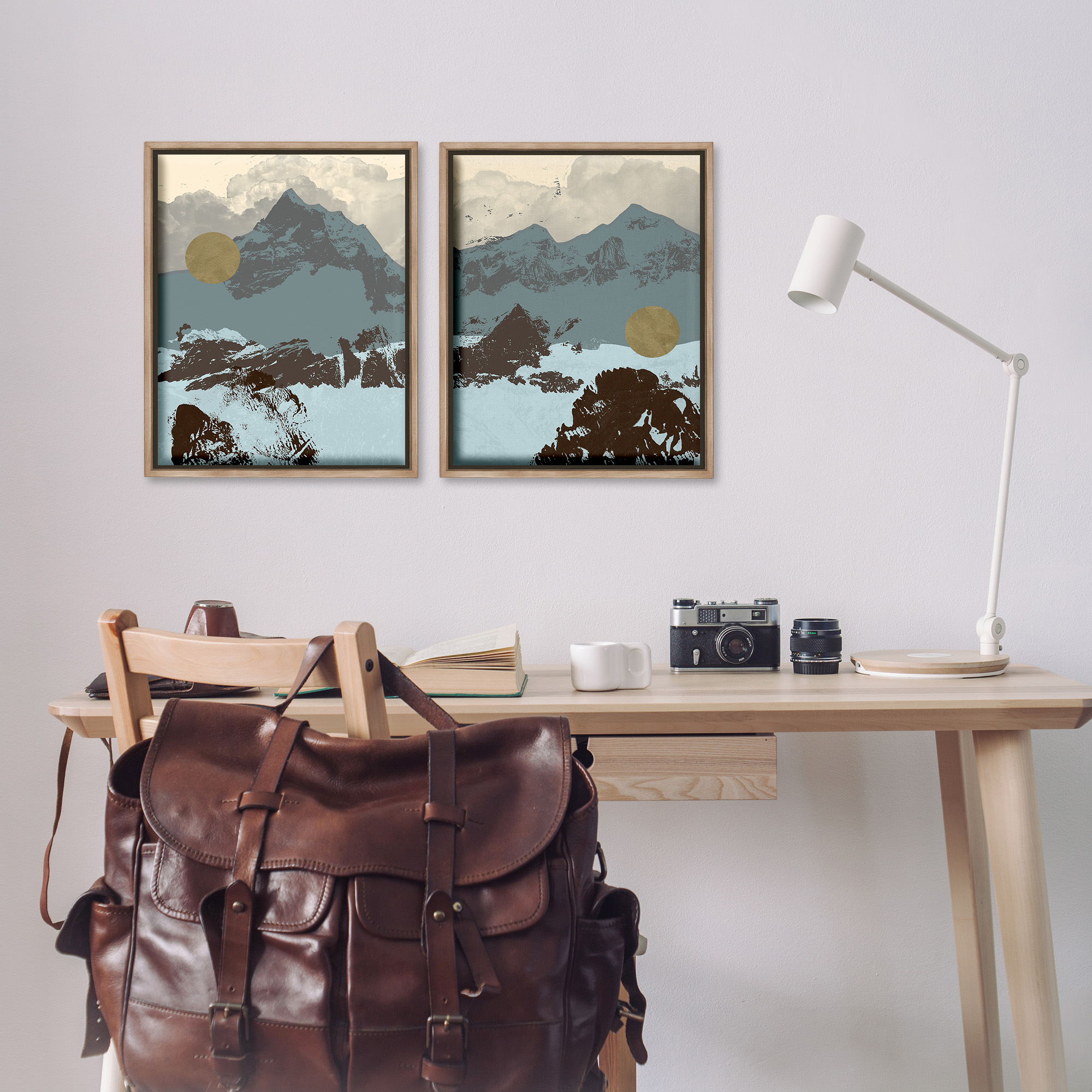 Stupell Industries Mountain Range over Abstract Landscape Painting Brown Floater Framed Canvas Art Print Wall Art, 17 x 21, Set of 2