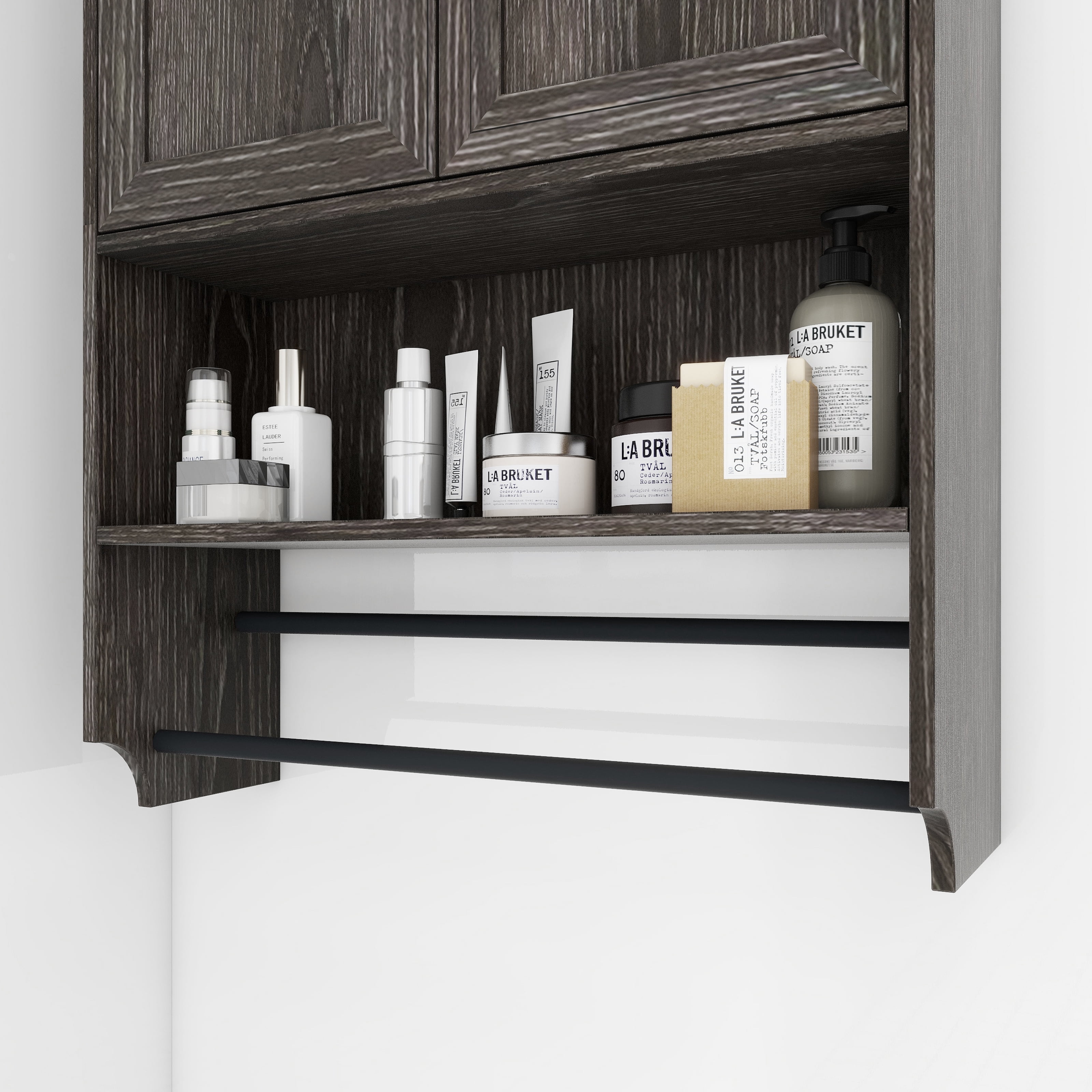Bathroom Wall Storage Cabinets with Door and Open Shelves,Medicine Cabinet,Steel Pipe Rack for Hanging Towels and Kitchen Utensils for Bathroom,Grey
