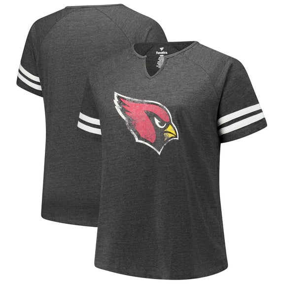 Women's Fanatics Charcoal Arizona Cardinals Plus Size Logo Striped Raglan Notch Neck T-Shirt