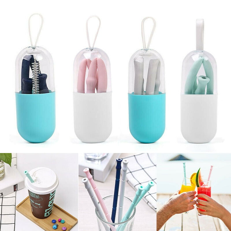 BPA Free Portable 4 Pack ECO-Friendly 8.7 Silicone Drinking Straws Set 4 Silicone Straws 4 Gift Cases and 4 Cleaning Brush FDA Approved Collapsible Reusable Straws