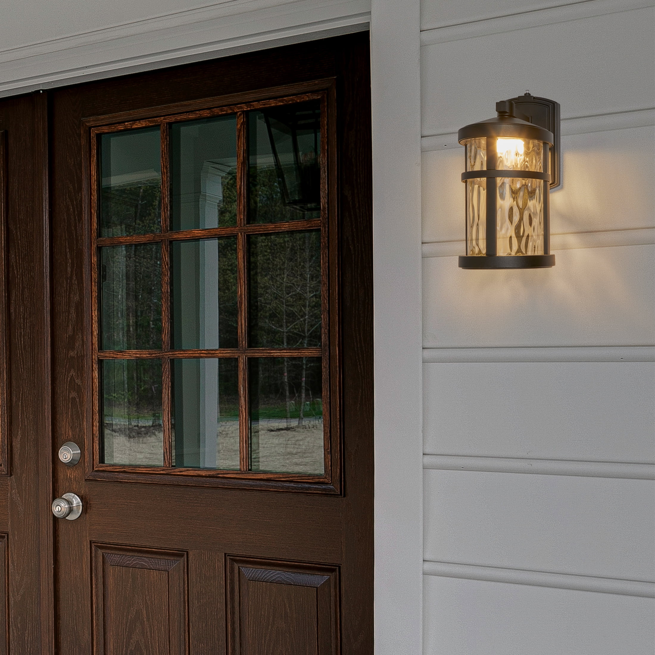 Maxxima LED Outdoor Wall Light, Black Finish, Clear Hammered Glass, Dusk to Dawn Sensor, 750 Lumens, 3000K Warm White