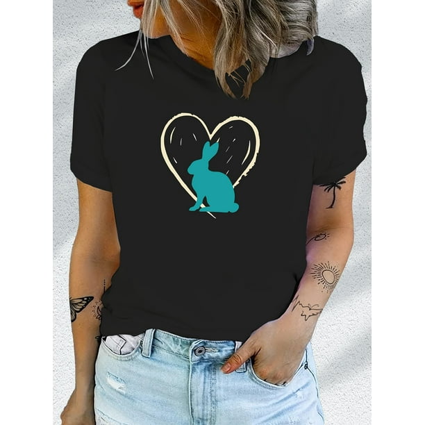 Women's Heather Gray Graphic Tee with Rabbit & Heart Design - Casual Short Sleeve Crew Neck Top, PerCamisetas de verano para mujer, manga corta, cuello redondo, casual, lindo, con gráficos, camisetas