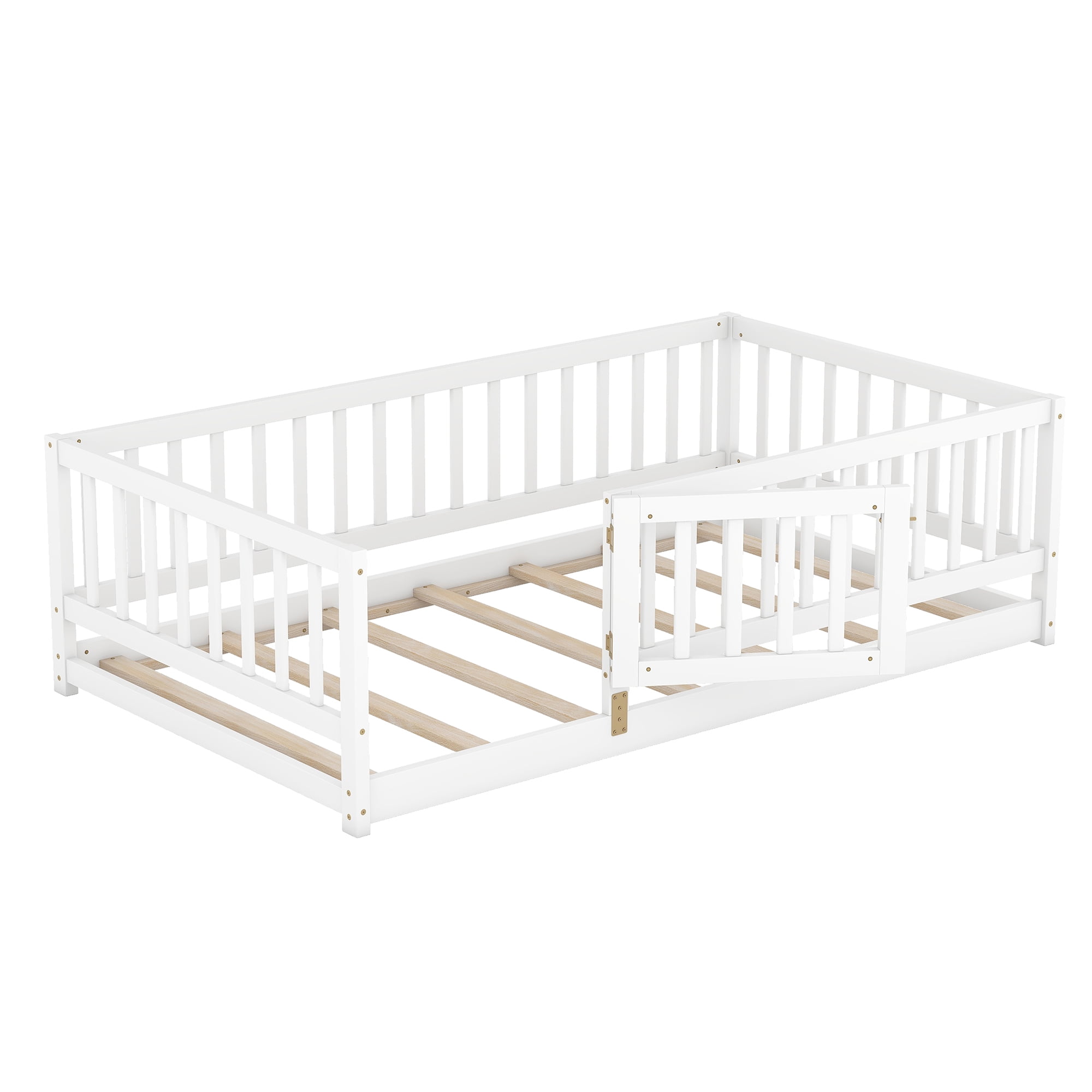 Montessori Floor Bed, Kids Bed Frame, Low Profile Toddler Bed with Removable Slats and Safety Door, Wood Bed Frame for Kids Boys Girls, Twin White