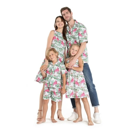 

Matchable Family Hawaiian Luau Men Women Girl Boy Clothes in Flamingo in Love