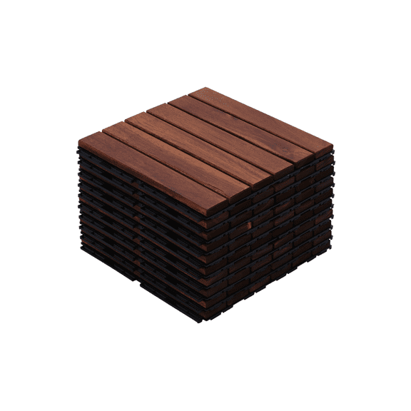 TOPNEST Outdoor Flooring, 12" x 12" Deck Floor Tiles Striped Pattern, Square Acacia Hardwood Interlocking Tiles for Patio Backyard Balcony Poolside, 10PCS, Brown