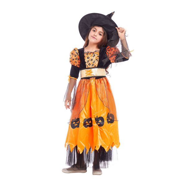 JAJAHO Girls Halloween Witch Dresses, Orange Pumpkin Witch Dress With Witch Hat, Kids Halloween 2 Piece Set Fot Party