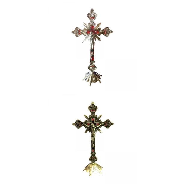 Crucifijo de pie,Crucifijo de pie de aleación Cruz de cristiana,Artículos Religiosos Escrituras Cruz Casa Capilla,Decoración de oración de la iglesia de la Biblia católica de Macarena Crucifijo de pie