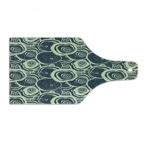 Grunge Cutting Board, Wood Pattern Nature Inspirations Circles of a Tree Abstract Style, Decorative Tempered Glass Cutting and Serving Board, Wine Bottle Shape, Reseda Green Blue, by Ambesonne