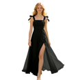 thumbnail image 3 of Flowy Chiffon Junior Bridesmaid Gown, Bow Tie Strap Ruched Square Neck High Slit Long Dress for Teen Wedding Ceremony Black 120, 3 of 6