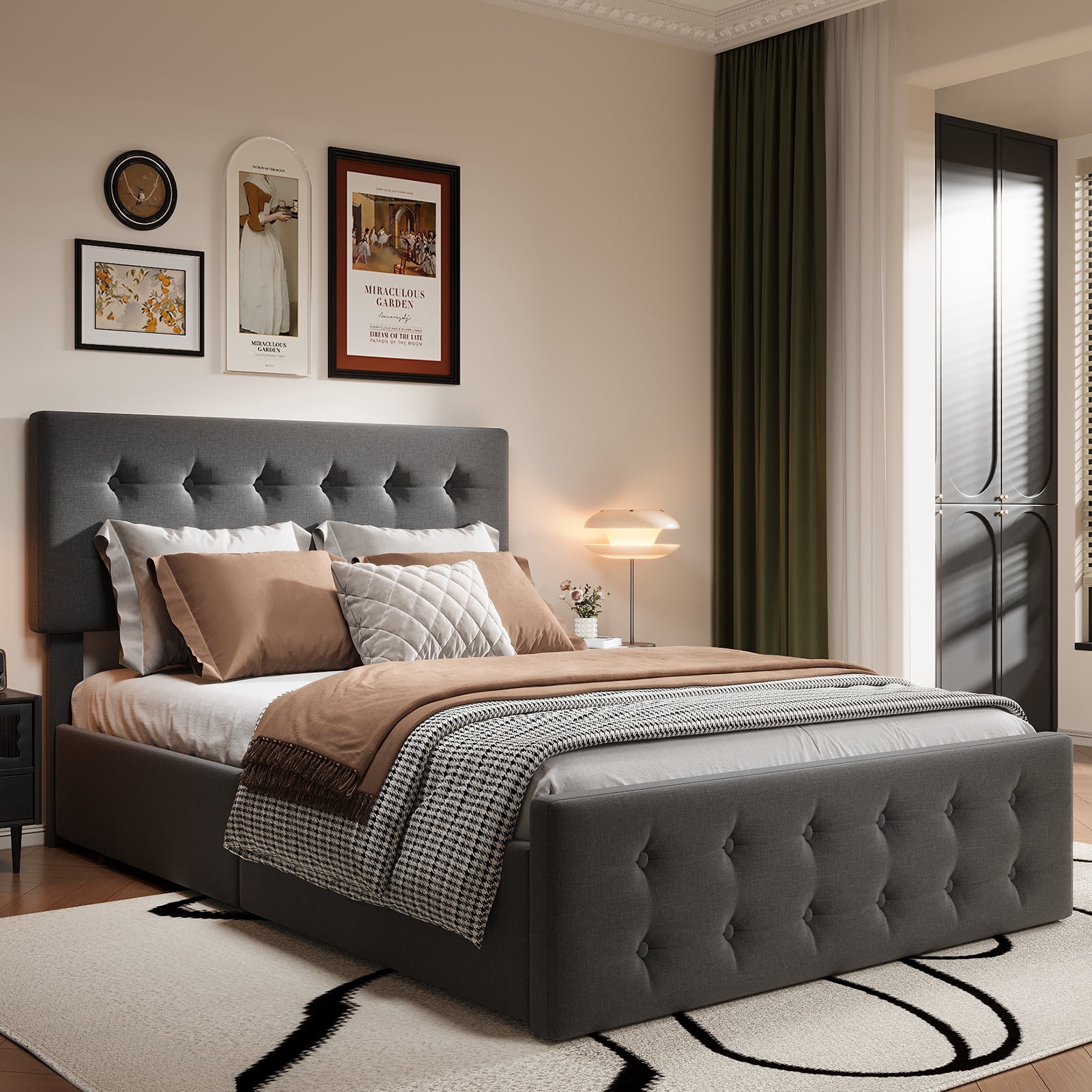 Full/Queen/King Size Upholstered Platform Bed Frame - Adjustable Headboard & 4 Storage Drawers, Button Tufted Design, No Box Spring Needed