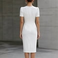 thumbnail image 2 of Morttic Women's Puff Sleeve Ruched Bodycon Midi Dress – Round Neck Office Work Sheath Solid Color Waist-Accented Slim Fit Dress White，S, 2 of 3