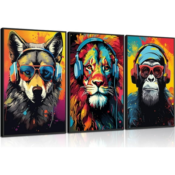 Gaming Wall Hieng Animal Graffiti Posters Pictures With Headphones Sunglasses Gorilla Tiger Wolf Cool Gamer Canvas Prints Colorful Graffiti Paintings for Teens Game Boys Room Wall Decor