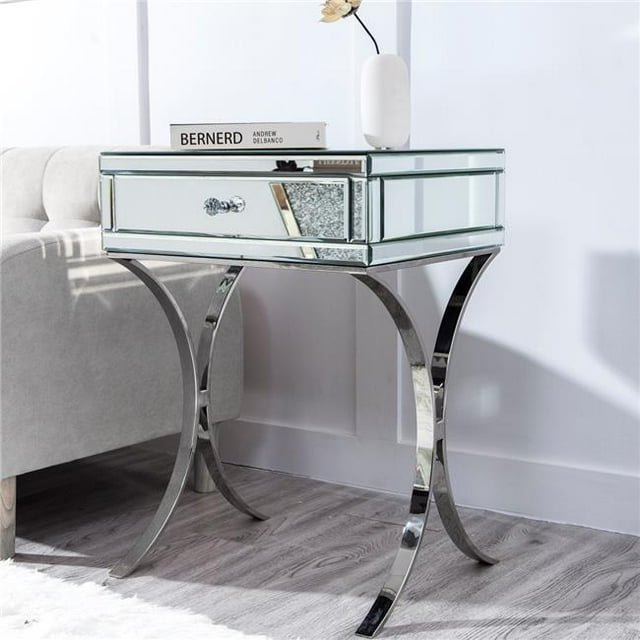 HomeRoots 475782 Mirrored Finish Nightstand Drawer, Silver
