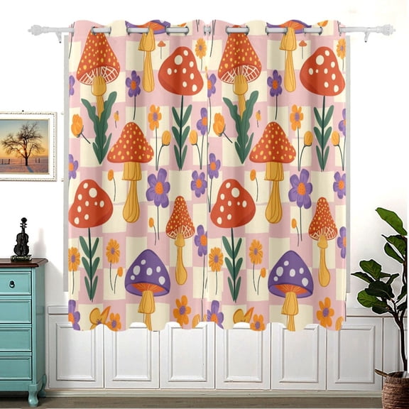 Flower and Mushroom Grids Blackout Curtain Panels 63x55in Drapes Privacy Assured for Living room Bedroom Bathroom 2 panels set