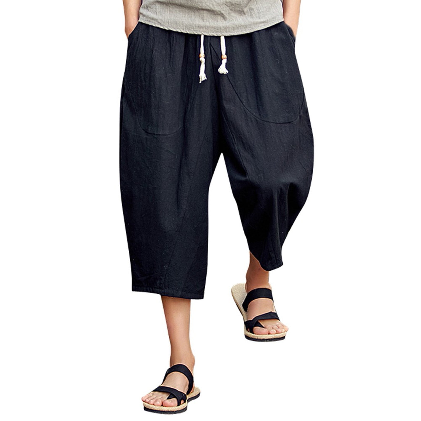 Men's Casual Slim Sports Pants Calf-Length Linen Trousers Baggy Harem Pants 