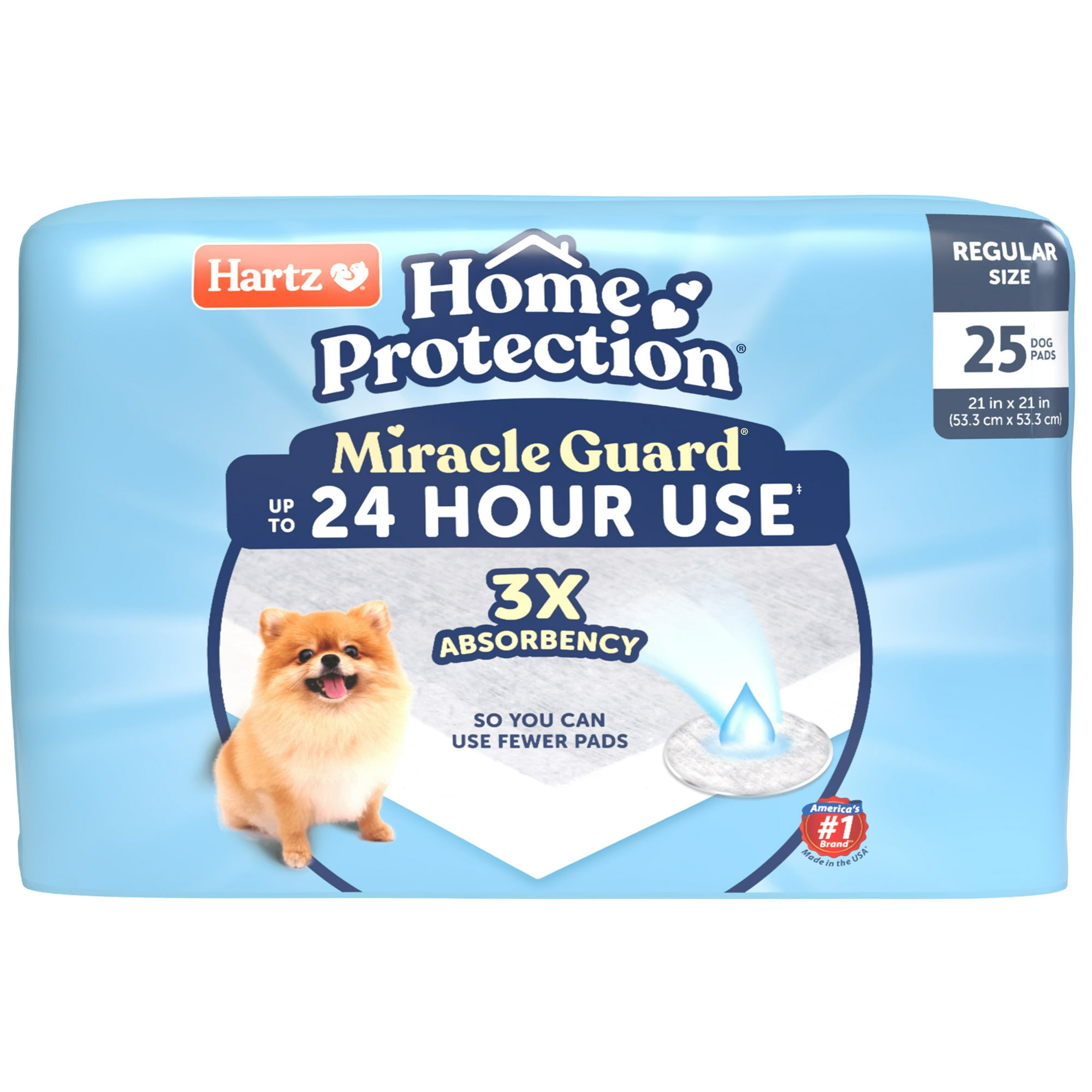 Hartz Miracle Guard Dog and Puppy Pads Max Absorbency 24 Hour Use Odor Eliminating No Leaks, Regular, 25 Count