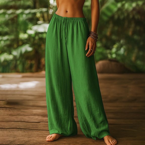 Cagogo Wide Leg Plus Size Pants for Women Flowy Elastic Waist Boho Lounge Long Trousers Solid Casual Beach Party Palazzo Wear Summer, Green S