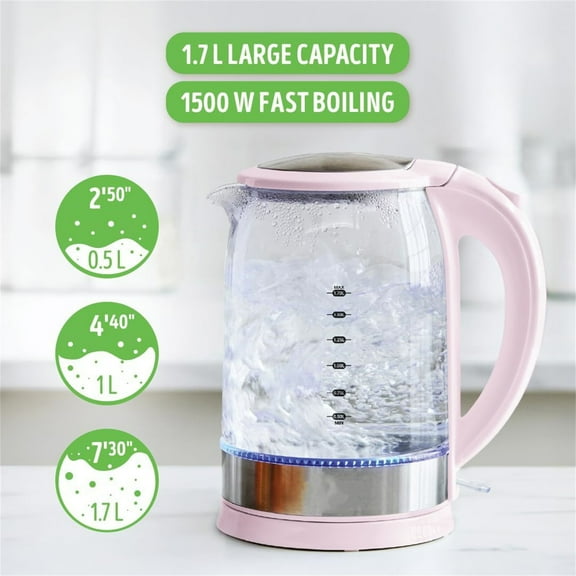 1.7 Liter Glass Electric Kettle, Easy One Touch Use, Quick Heating, Filtered Spout, LED Base, Auto Shut-Off, Cordless Serving, Coffee and Tea, Pink