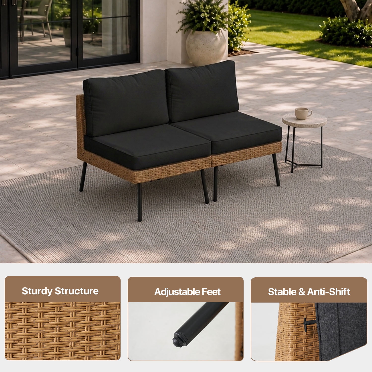 BaPiPro Outdoor PE Rattan 2-Seat Leisure Chair with Removable 4" High Density Cushions, Suitable for Backyard, Garden, Courtyard, Black
