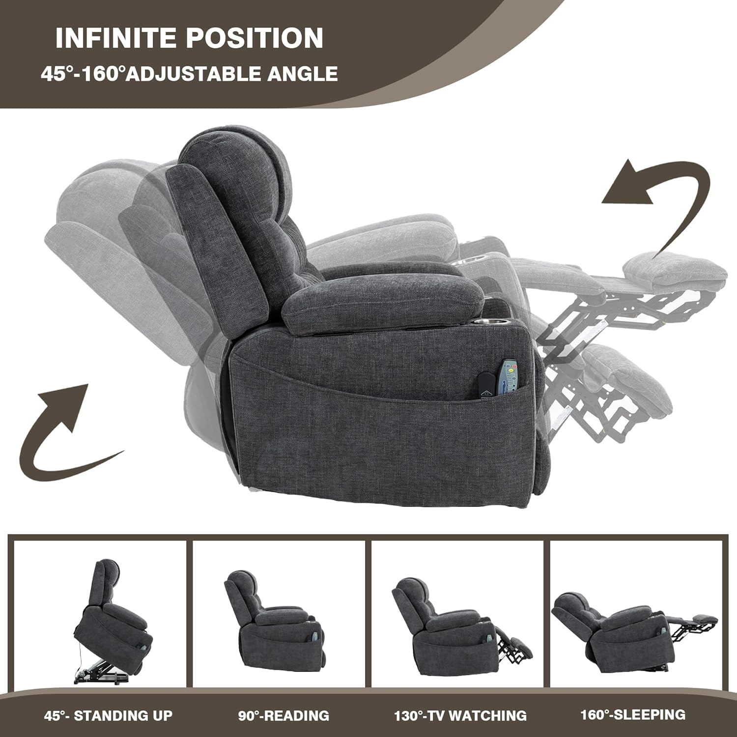 Lift Chair with Heat and Massage, Zero Gravity Lay Flat Recliner with Cup Holders & Adjustable Seat for Adults Living Room Lounge Recliners on Clearance