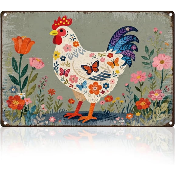 Chicken Flower Tin Sign Retro Metal Wall Decor 8" x 12" Vintage Floral Chicken Farm Animal Wall Art Poster for Home Cafes Game Room Bar Outdoor Garden Farmhouse Yard Gym Man Cave Decor Gift