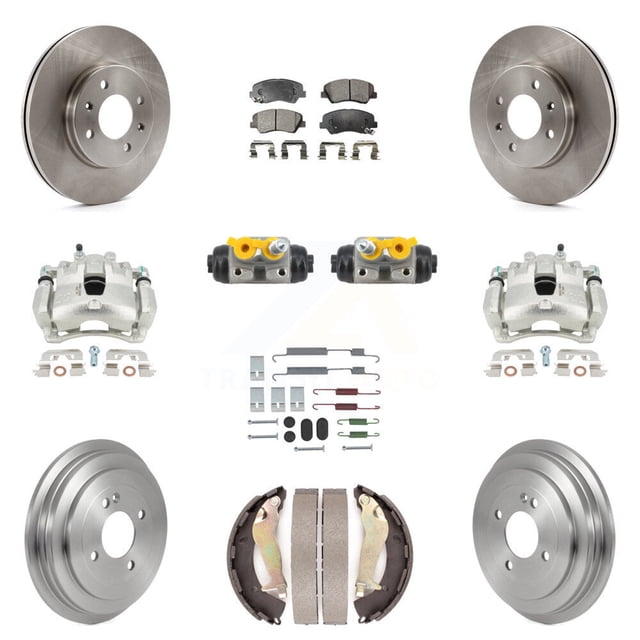 Transit Auto Front Rear Disc Brake Caliper Rotors Drums Semi-Metallic Pads Shoes Wheel Cylinders and Hardware Kit (11Pc) for Car 2012-2017 Hyundai Accent KC8-101385P