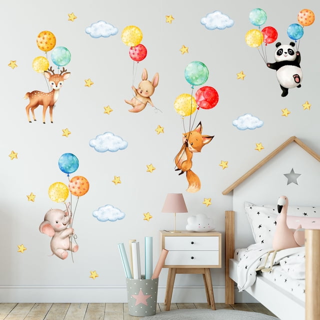 Pegatinas de pared de animales de dibujos animados, calcomanías de pared con globos de colores, pegatinas de acuarela para habitación de bebé, adorables pegatinas de animales panda, elefante, zorro,
