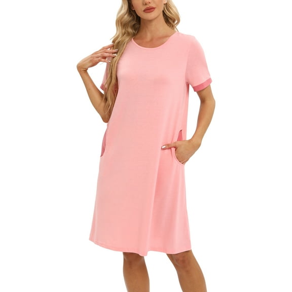 Women's Short Sleeves Sleepwear Nightshirt Stitching Contrast Nightgown Soft Pullover Nightdress Loungewear with Pockets,Pink S-2XL