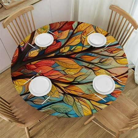 

Ullo0ord Round Fitted Tablecloth with Elastic Edge Abstract Colorful Leaf Table Cover Waterproof Wipeable Table Cloths for Round Tables Ideal for Picnic Patio 42-46