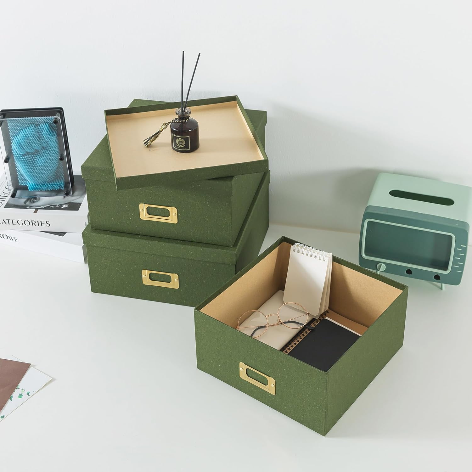Square Stacking Boxes with Lids and Gold Label Holders, Decorative Photo Storage, Nesting Cardboard Set for Decor and Organizing