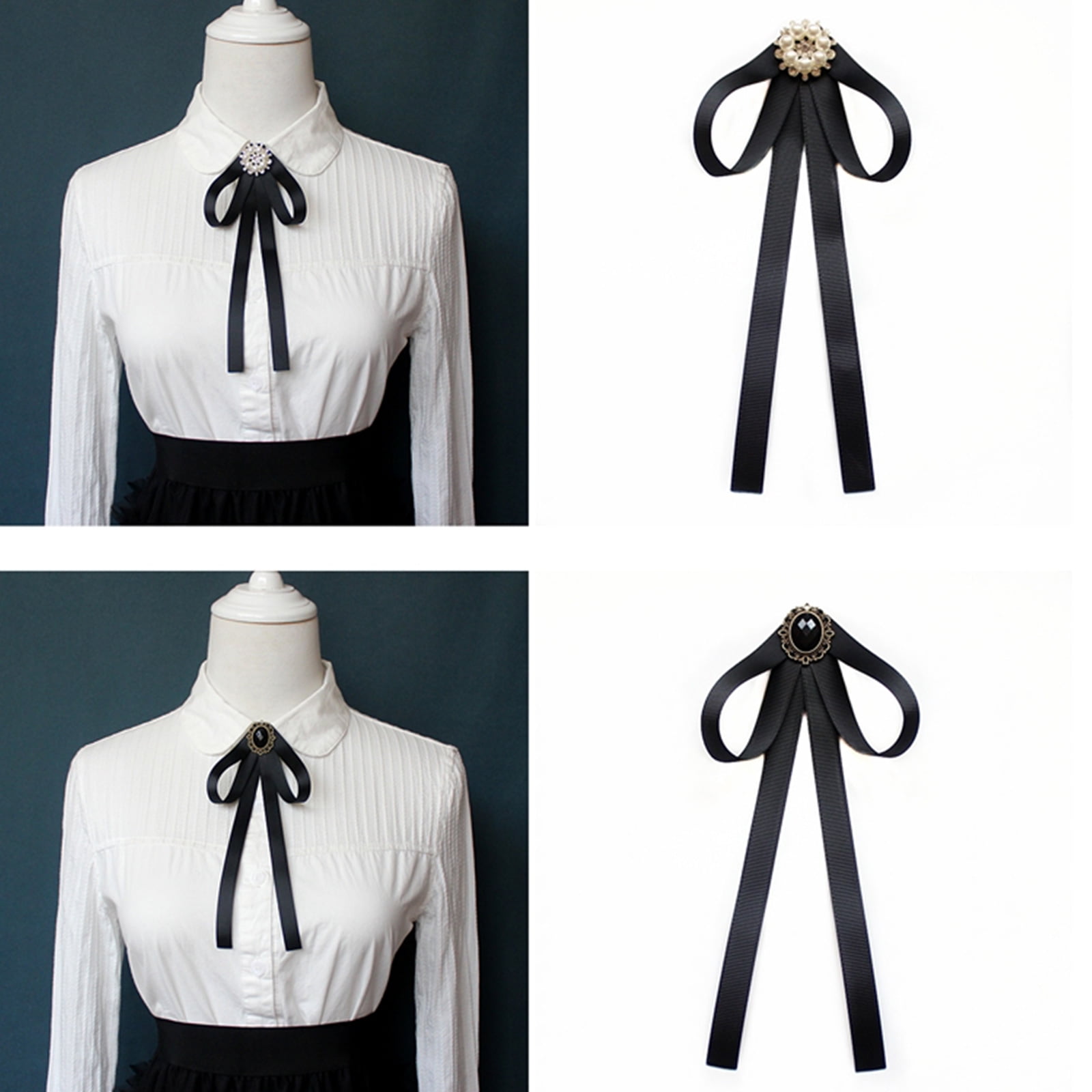 1Pc Schoolgirl Pre-Tied Bowknot Elegant, Ribbon Brooch Pearl Rhinestone  Neck Tie Pin Decor Bow Tie for Women Ladies Girls Suit Shirt Pins Fashion