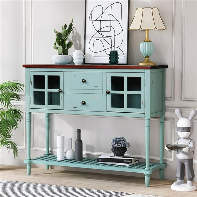 Direct Wicker UBS-WF193444AAC Console de Buffet avec Étagère du Bas&44; Bois Ferme et Armoire de Rangement Buffet en Verre pour Salon (Bleu Rétro)