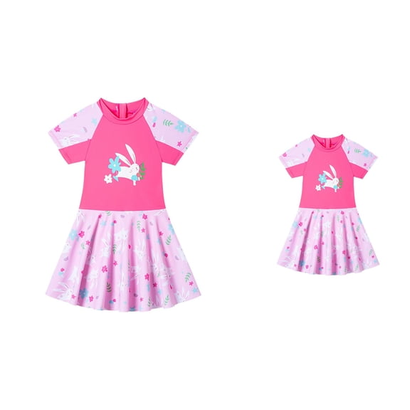 Cute Bunny Swim Dress One Piece Swimsuit for Toddler Girls High Neck Sleeveless Bathing Suit with Tummy Control & Zip Back, Cartoon Print Beach Swimwear