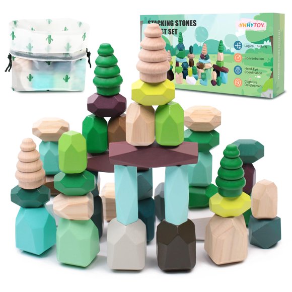 Bloques de construcción de rocas apilables de madera YHHYTOY, 40 unidades